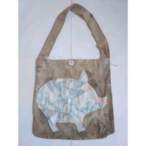 AOOK Handmade Old Feedbag Lg Market Tote Crossbody Bag W/Old Quilt Pig Applique